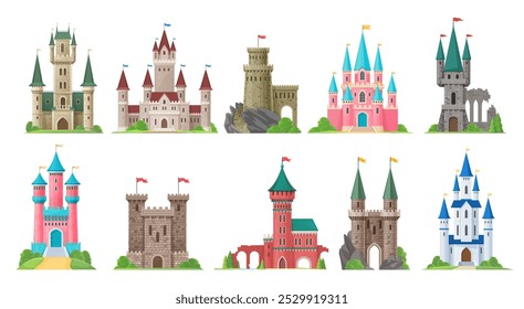 Cartoon kingdom palace castle, fairytale fortress vector buildings with flags, towers and color stone walls. Fantasy houses set of fairy tale princess palace, royal castle and medieval king fortress