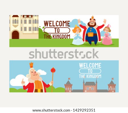 Cartoon kingdom vector king princess character in castle fairytale palace tower backdrop royalty set of medieval building landscape illustration background.