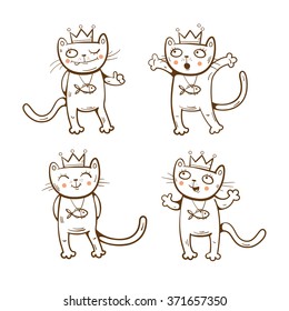 Cartoon kings cats set. Vector image.