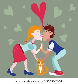 cartoon kissing couple with cat in love