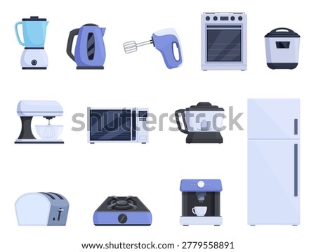 Cartoon kitchen appliances. Smart household devices, home technics. Oven and fridge, microwave, electrical teapot and coffee machine. Helpers for cooking, sapid vector set