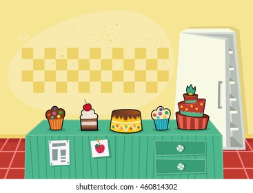 Cartoon kitchen background with bakery products and cakes.