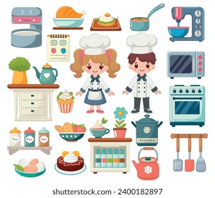 Cartoon kitchen clipart set. A boy and a girl are cooks. Dishes and kitchen electrical appliances. Isolated on white background.