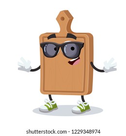 cartoon kitchen cutting board character mascot in black sunglasses on a white background