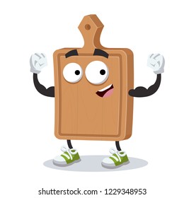 cartoon kitchen cutting board mascot shows its strength on a white background