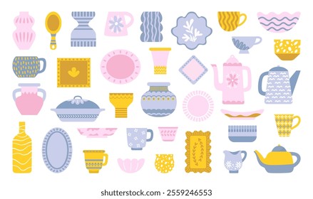 Cartoon kitchen dishes. Modern vintage ceramic crockery elements. Plates pots vases bowls and cups. Isolated kitchen tableware, neoteric vector set