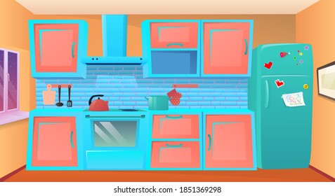 Cartoon kitchen illustration. Cozy modern kitchen with household appliances, with dishes, interior inside and fridge. Vector illustration