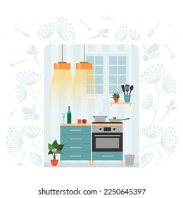 Cartoon kitchen interior flat style vector illustration. Evening time preparing dinner home environment clip art