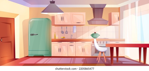 Cartoon kitchen interior with wooden retro furniture and range hood. Home cooking room with stove, fridge, cupboards and dinner table with white chair. Empty apartment inside with door and dining area