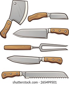 Cartoon kitchen knives. Vector clip art illustration with simple gradients. Each element on a separate layer.