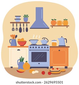 A cartoon kitchen scene with a stove, cabinets, shelves with various items such as fruits, bowls, cooking utensils, and pots, all in a warm and cozy color palette.