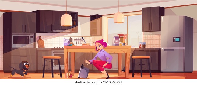 Cartoon kitchen scene with woman, dachshund walking and pot on floor - female character reacts while black dog moves near dropped cookware. Modern interior with furniture and equipment for cooking.