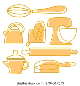 Cartoon Kitchen Set Flat Design Illustration.Baking vector kitchenware and food bakery ingredients for cake illustration caking set of cooking cupcake or pie with cookware in kitchen isolated on white