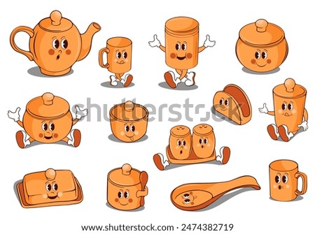 a cartoon kitchen set with various items, set of doll items for tea party	
