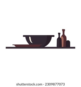 Cartoon kitchen shelf. Bowl, frying pan, bottles. Flat vector image in dark brown on white