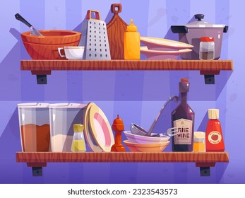 Cartoon kitchen shelf on wall with utensils and seasoning jars. Vector illustration of ketchup, mustard, pepper, salt bottles, plastic containers with coffee and sugar, grater, wooden board, cuttlery