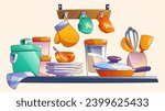 Cartoon kitchen shelf with standing and hanging utensil for cooking and dinning. Vector illustration setup with kitchenware - frying pan and pot, plates and cups, food in glass and ceramic bowls.