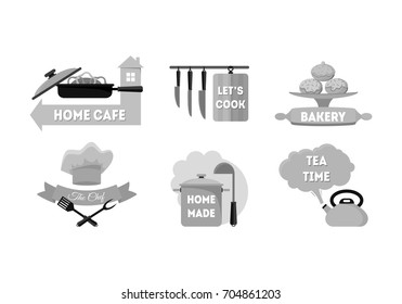 Cartoon Kitchen Silhouette Black Labels Set Cook Flat Style Web Design Elements. Vector illustration