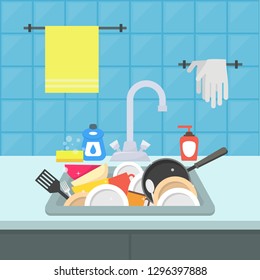 Cartoon Kitchen Sink with Different Kitchenware Include of Dishes, Utensil, Towel and Wash Sponge Flat Design. Vector illustration