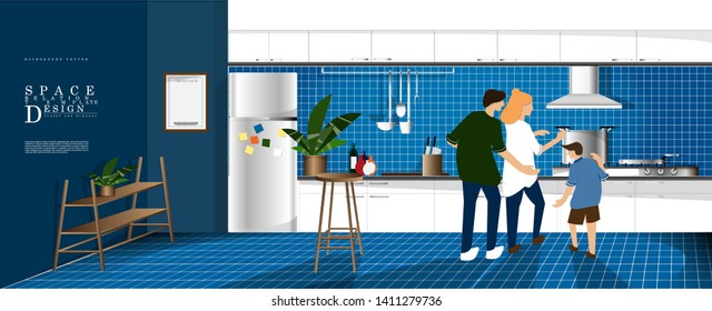 Cartoon kitchen space interior design, family relationship vector design