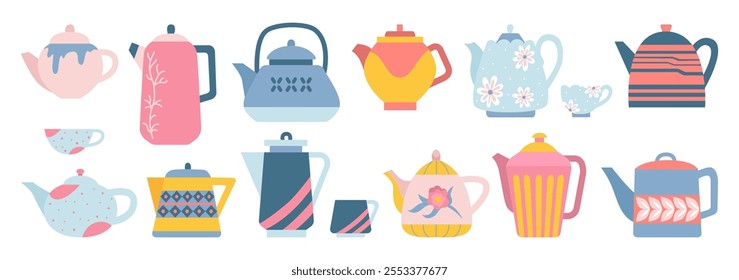 Cartoon kitchen teapots and cups. Kettles and mug, isolated ceramic crockery for teatime. Kitchen tools, cute porcelain cup. Ceramic neoteric vector set