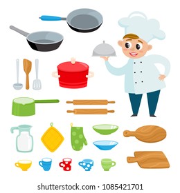 Cartoon kitchen tools set and chef isolated on white. Vector color kitchenware and tablewear collection for home cooking, cookware, food ingredients and homemade meals