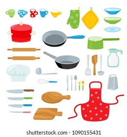 Cartoon kitchen tools set isolated on white. Vector color kitchenware and tablewear collection for home cooking, cookware, food ingredients and homemade meals