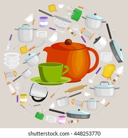 Cartoon kitchen utensil set, collection of orange teepot and green cup with saucer vector illustration