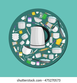 Cartoon kitchen utensil set, collection of metallic teapot and other household equipment for cooking vector illustration