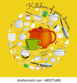 Cartoon kitchen utensil set, collection of orange teepot and green cup with saucer vector illustration