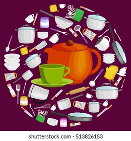 Cartoon kitchen utensil set, collection of orange teepot and green cup with saucer vector illustration