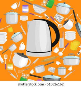 Cartoon kitchen utensil set, collection of metallic teapot and other household equipment for cooking vector illustration