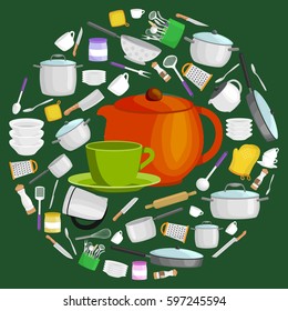 Cartoon kitchen utensil set, collection of orange teepot and green cup with saucer vector illustration