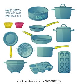 Cartoon kitchen utensils for baking. A set of dishes for cooling: frying pan, saucepan, a colander. Molds for cupcakes. Baking tools. Silhouettes kitchenware. Vector.