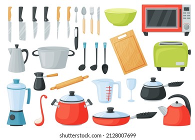 Cartoon kitchen utensils, cooking tools and appliances, kitchenware. Saucepan, frying pan, cutlery, microwave, cookware equipment vector set. Illustration of cooking kitchenware