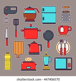 Cartoon kitchen utensils icon set with outline