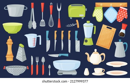 Cartoon kitchen utensils and tools, cooking equipment, kitchenware. Cutlery, pot, saucepan, cup, bowl, cookware elements vector set. Illustration of kitchen equipment