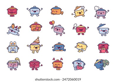 Cartoon kitchenware. Cute pretty dishware. Hand drawn style. Vector drawing. Collection of design elements.