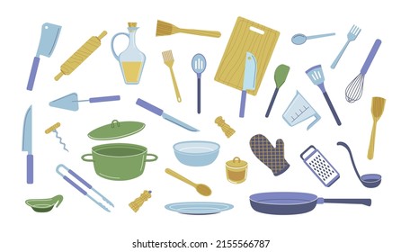 Equipo de cocina para dibujos animados. Instrumentos y equipos de utensilios de cocina vectorial, utensilios de cocina con dibujos animados. Equipo aislado de vectores. Ilustración de cuenco de cocina para cocinar, cubiertos