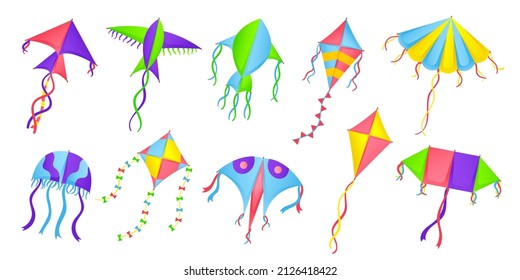 Cartoon kite. Colorful kites, isolated free wind toys. Kiting, flying paper and textile kids toy. Happy summer time, isolated air game and festival neat vector elements