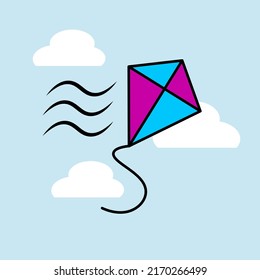 Cartoon kite icon illustration. Line art style icon.