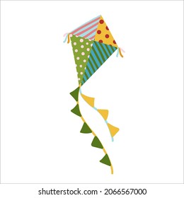 Cartoon kite isolated. Wind flying toy with ribbon and tail for kids. Makar Sankranti concept. Outdoor activity in childhood, vector illustration