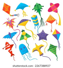 Cartoon kite, kid colorful toys kites on threads flying. Wind free fly toy, isolated childhood summer outdoor game elements. Neoteric vector seasonal set