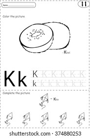 Cartoon kite and kiwi. Alphabet tracing worksheet: writing A-Z, coloring book and educational game for kids