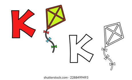 Cartoon Kite and letter K coloring book vector illustration for children