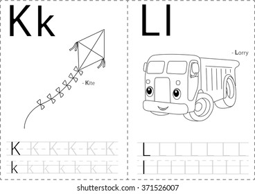 Cartoon kite and lorry. Alphabet tracing worksheet: writing A-Z, coloring book and educational game for kids