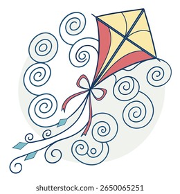 Uma pipa de desenho animado com uma fita e cauda de diamante sobe em meio a nuvens giratórias e estilizadas contra um fundo claro.