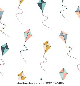 Cartoon kite seamless pattern. Cute baby texture with flying kites. Children's outdoor toy. Children's vector illustration.