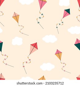 Cartoon kite seamless pattern. Cute baby texture with flying kites and cloud. Children's outdoor toy. Children's vector illustration.