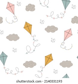 Cartoon kite seamless pattern. Cute baby texture with flying kites. Childish outdoor toy. Kids vector illustration.